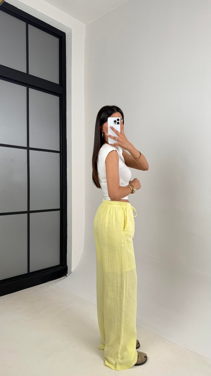 Sarı Beli Lastikli Müslin Pantolon Gaus00586