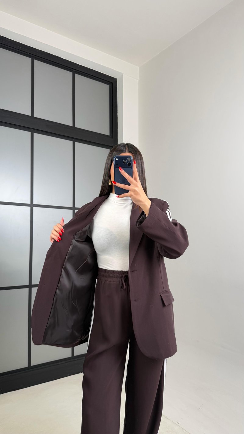 Acı Kahve Astarlı Vatkalı Blazer Ceket Beli Lastikli Pantolon Şerit Detaylı Premium Takım GAUS-00934