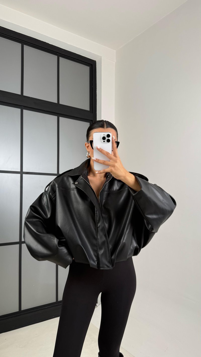 Siyah Gizli Fermuarlı Deri Bomber Ceket GAUS-00492