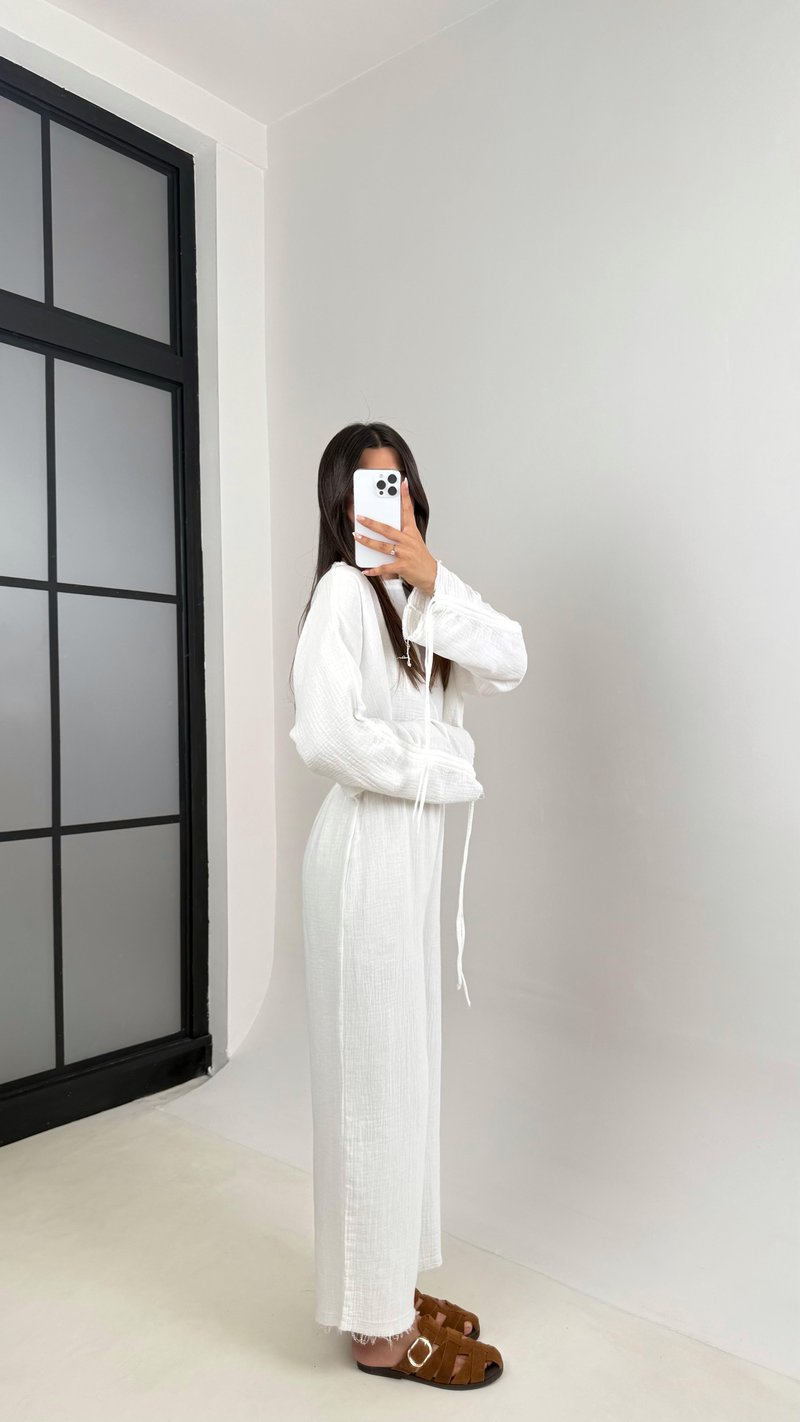 Beyaz Kol Büzgülü Crop Beli Lastikli Pantolon Tasarım Müslin Takım Gaus00581