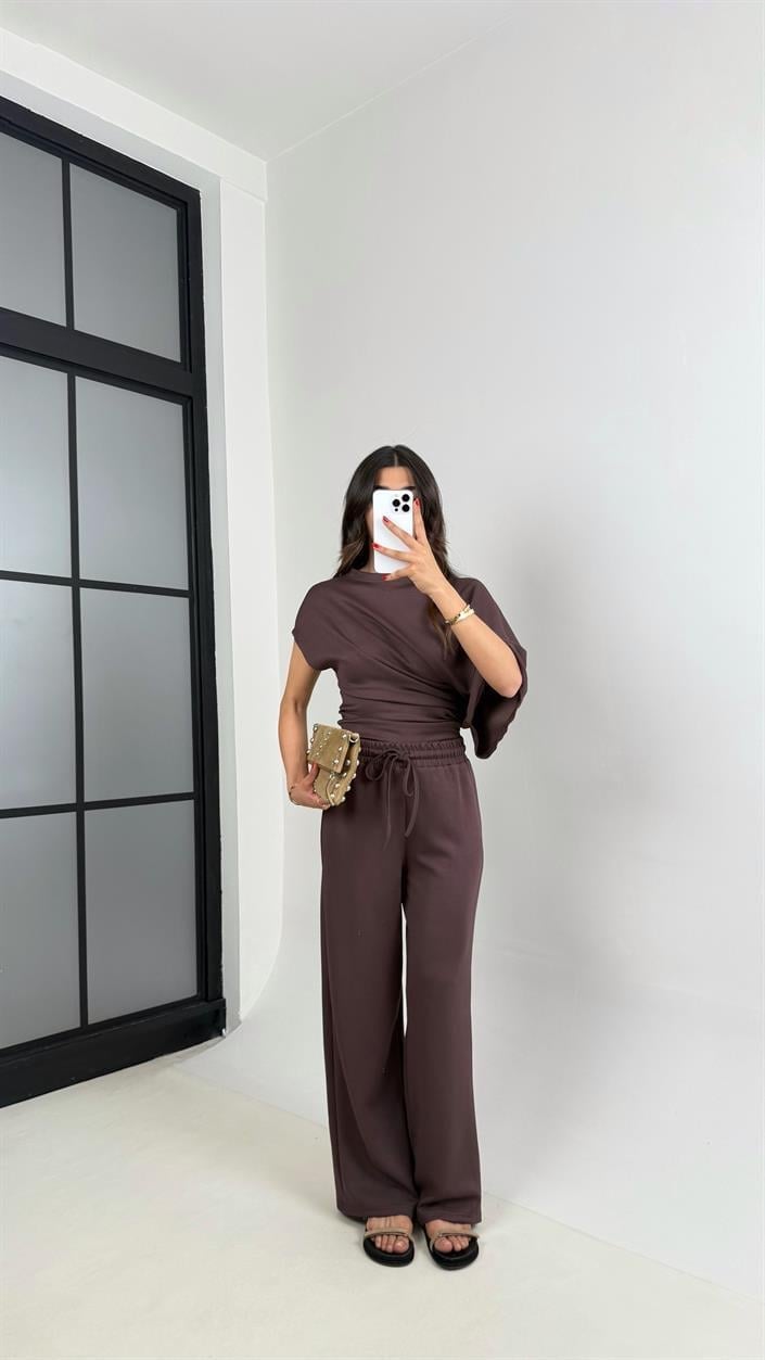 Acı Kahve Yarasa Kol Bluz Beli Lastikli Pantolon Tasarım Modal Kumaş Takım GAUS-01251