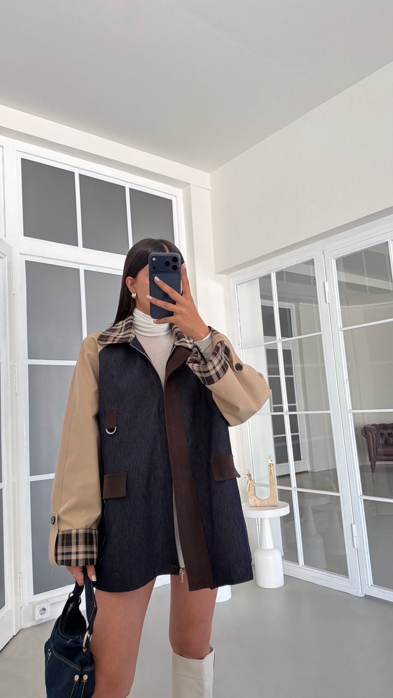 Çok Renkli Astarlı Ekoseli Cep Detaylı Denim Ceket GAUS-02068