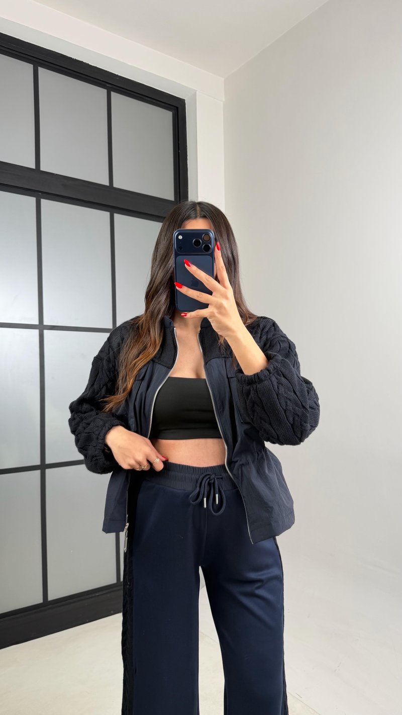 Lacivert Beli Lastikli Ceket Pantolon Paraşüt Örgü Detaylı Modal Takım GAUS-00964