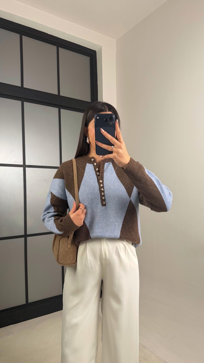 Mavi Baklava Desenli Kazak GAUS-01123