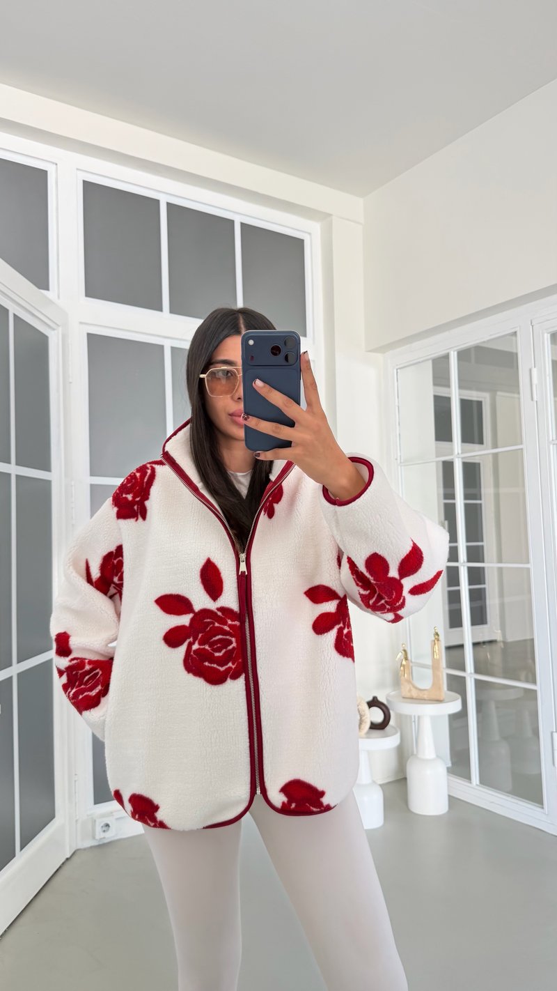 Kırmızı Gül Desenli Fermuarlı Polar Sweatshirt GAUS-01916