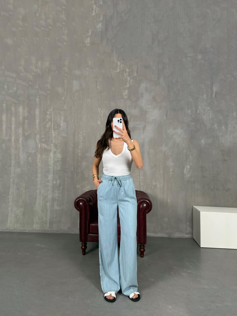 Açık Mavi Beli Lastikli İnce Denim Pantolon Gaus00203
