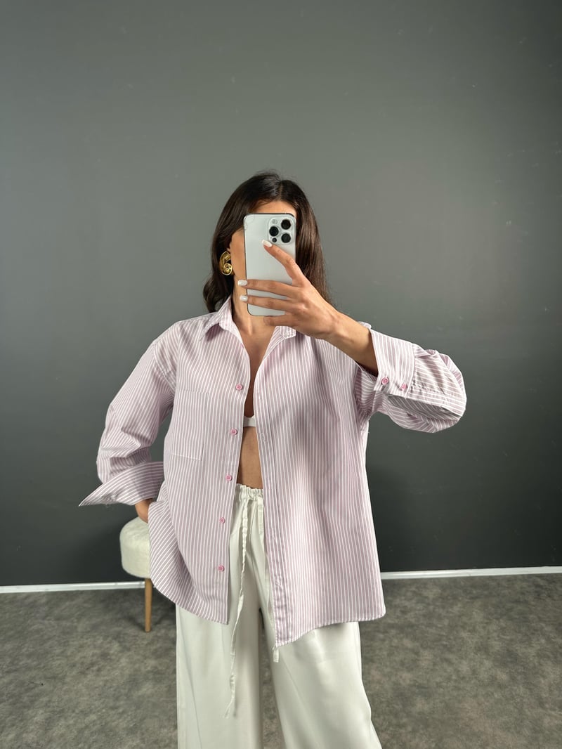 Sonho Pembe İnce Çizgili Oversize Gömlek