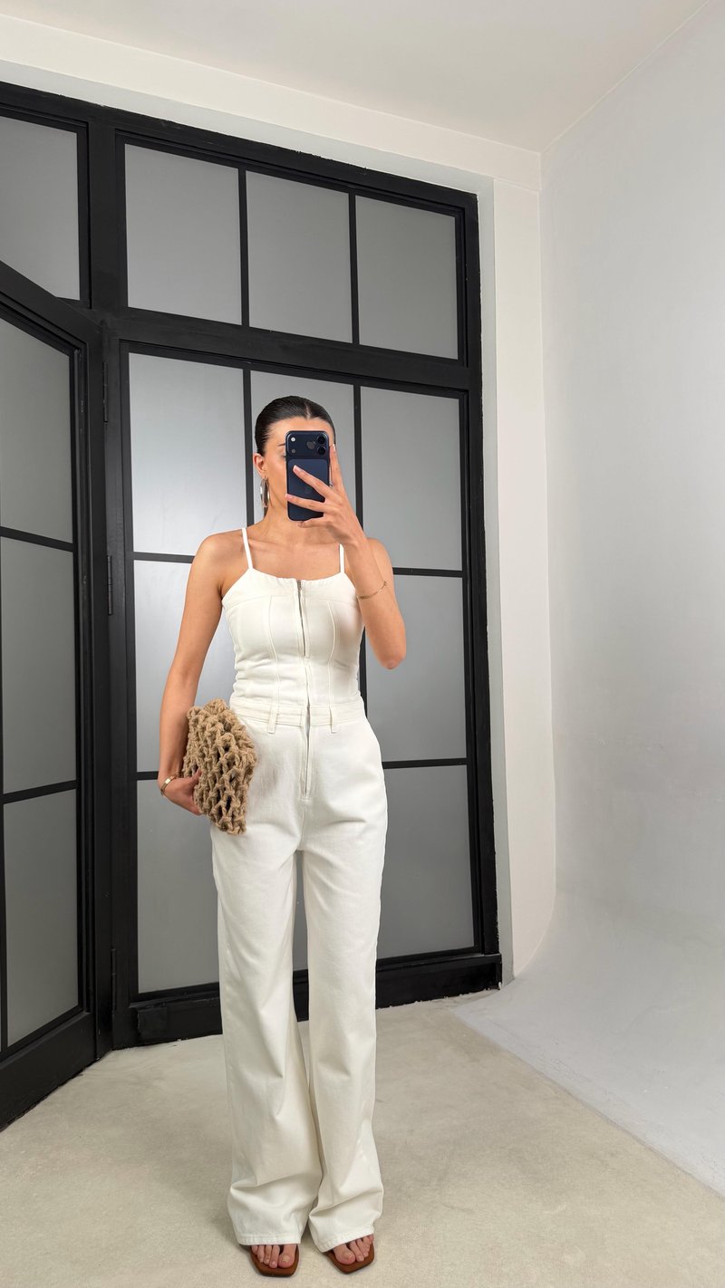 Ekru Ayarlanabilir Askılı Denim Tulum GAUS-01521