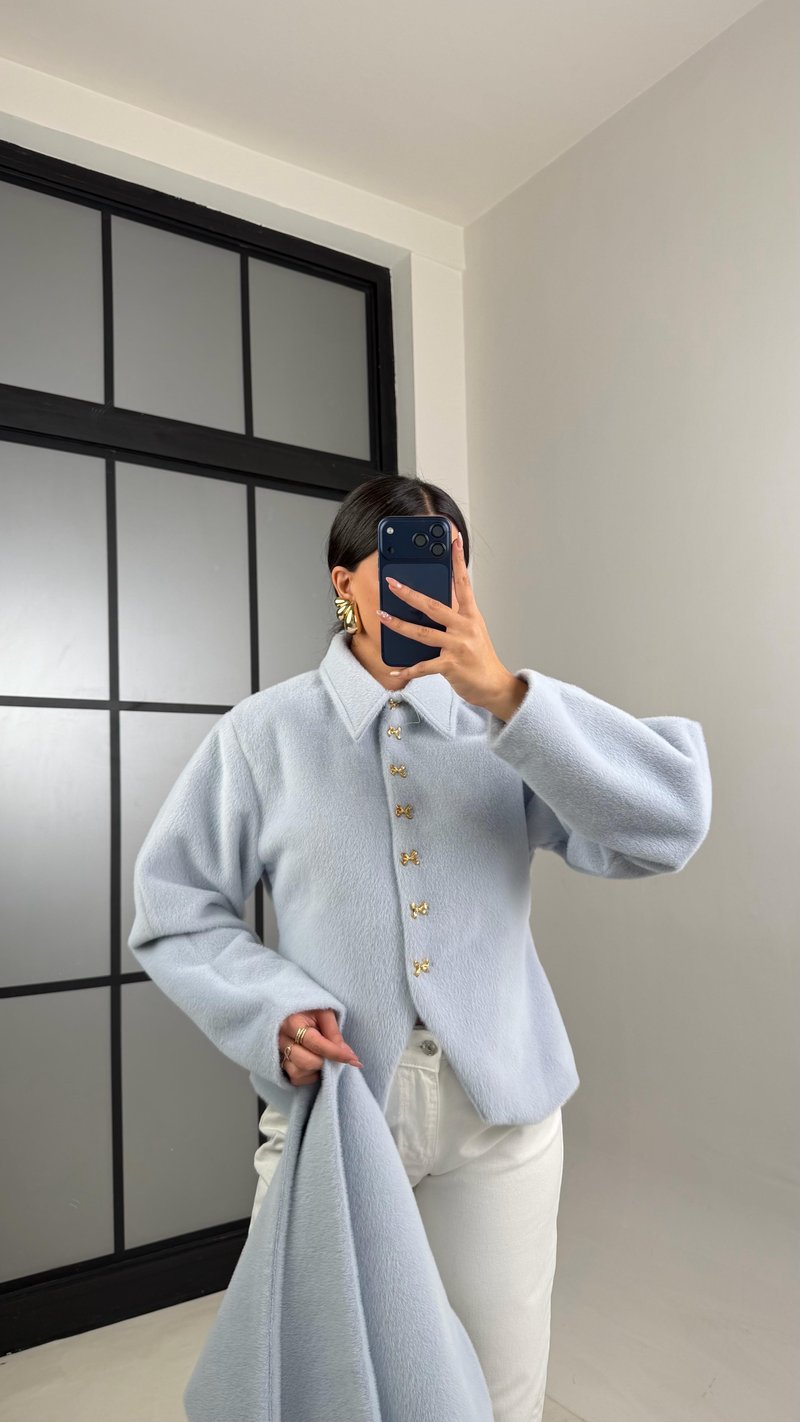 Mavi Fiyonk Düğmeli Astarlı Şal Detaylı Kaşe Ceket GAUS-00885