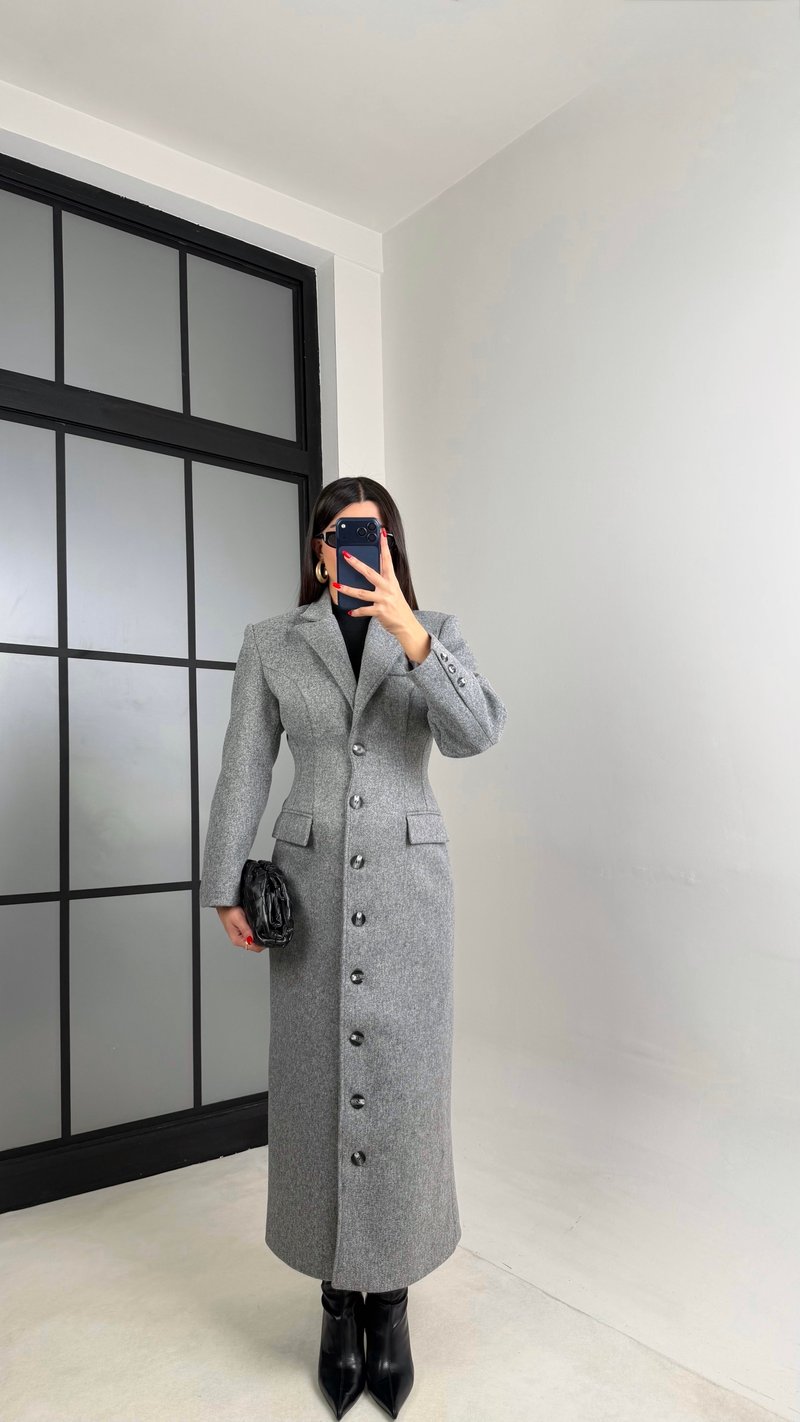 Gri Önü Düğmeli Vatkalı Astarlı Premium Kaşe Kaban Gaus-01030