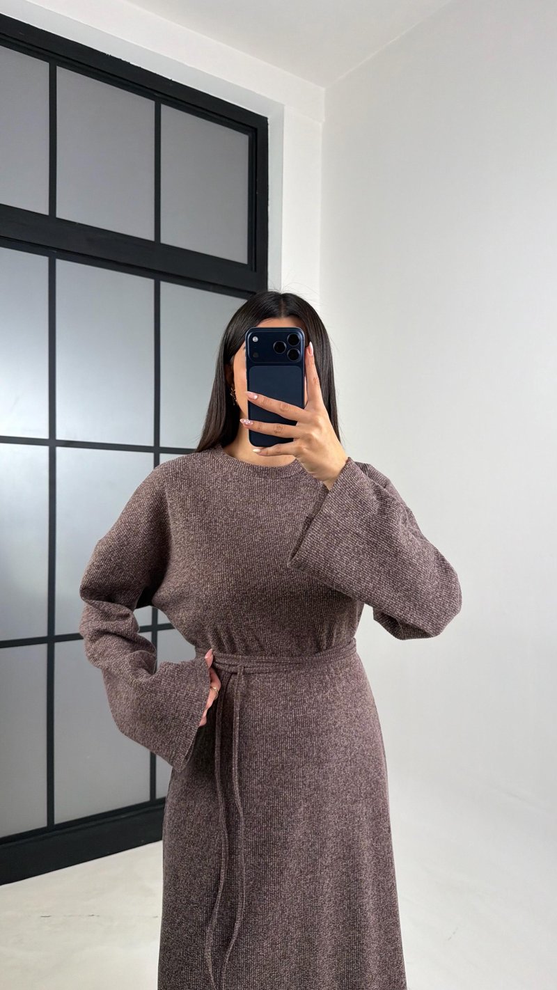 Kahve Kuşaklı Uzun Triko Elbise GAUS-00802