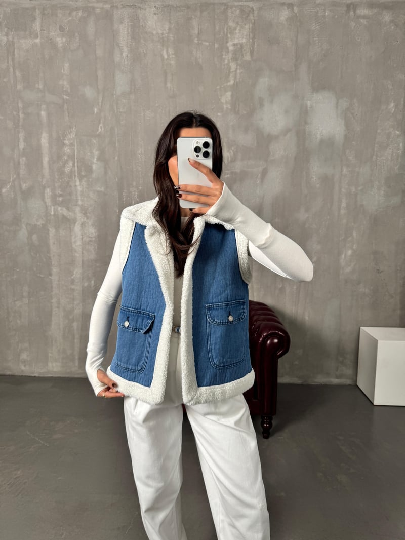 FT Mavi Denim İçi Kürklü Kot Yelek