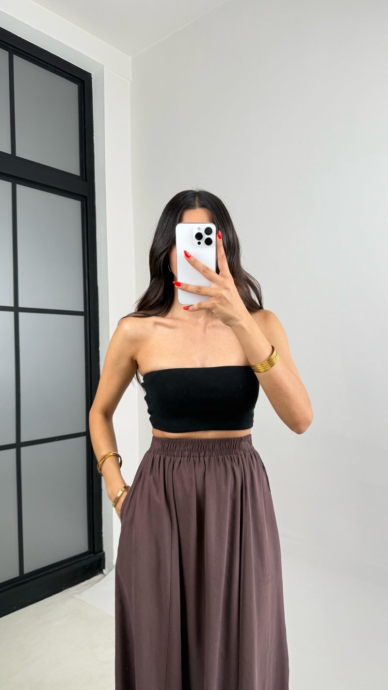 Kahve Cep Detaylı Basic Tencel Etek GAUS-0045