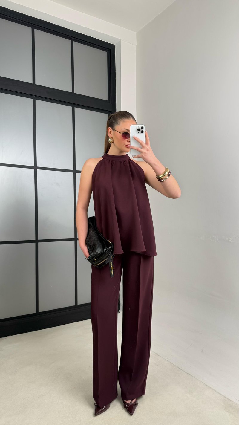 Mürdüm Sıfır Kol Bluz Beli Lastikli Pantolon İkili Premium Takım GAUS-00984