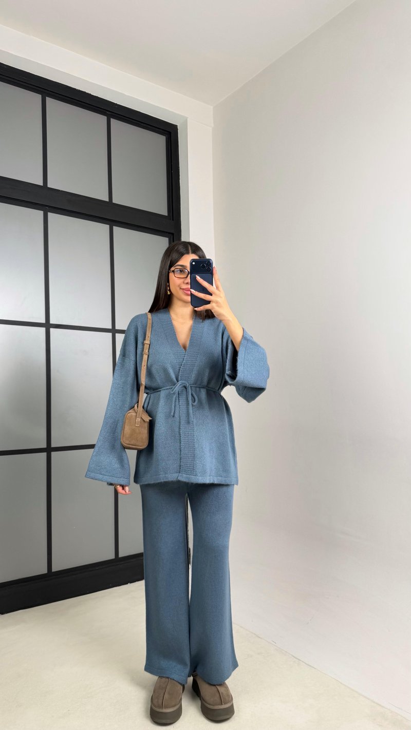 Mavi Kuşaklı Hırka Beli Lastikli Pantolon Triko Takım GAUS-00848