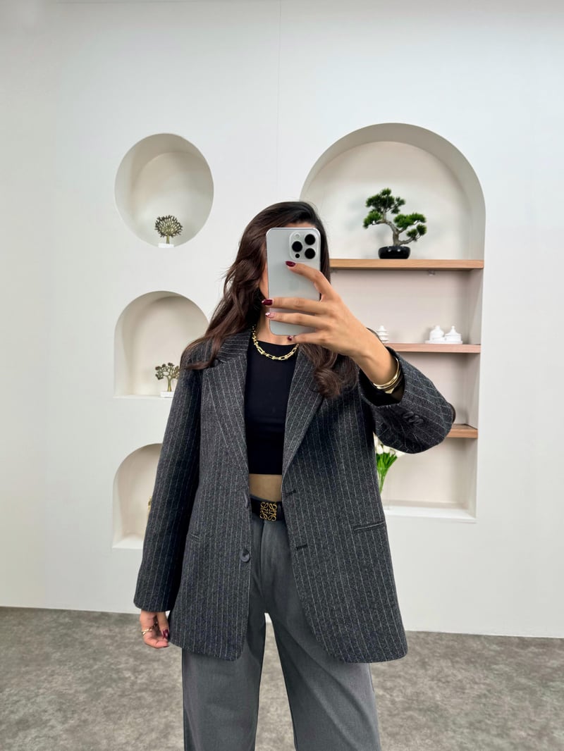 Melins Antrasit Çizgili Astarlı Sakallı Blazer Ceket