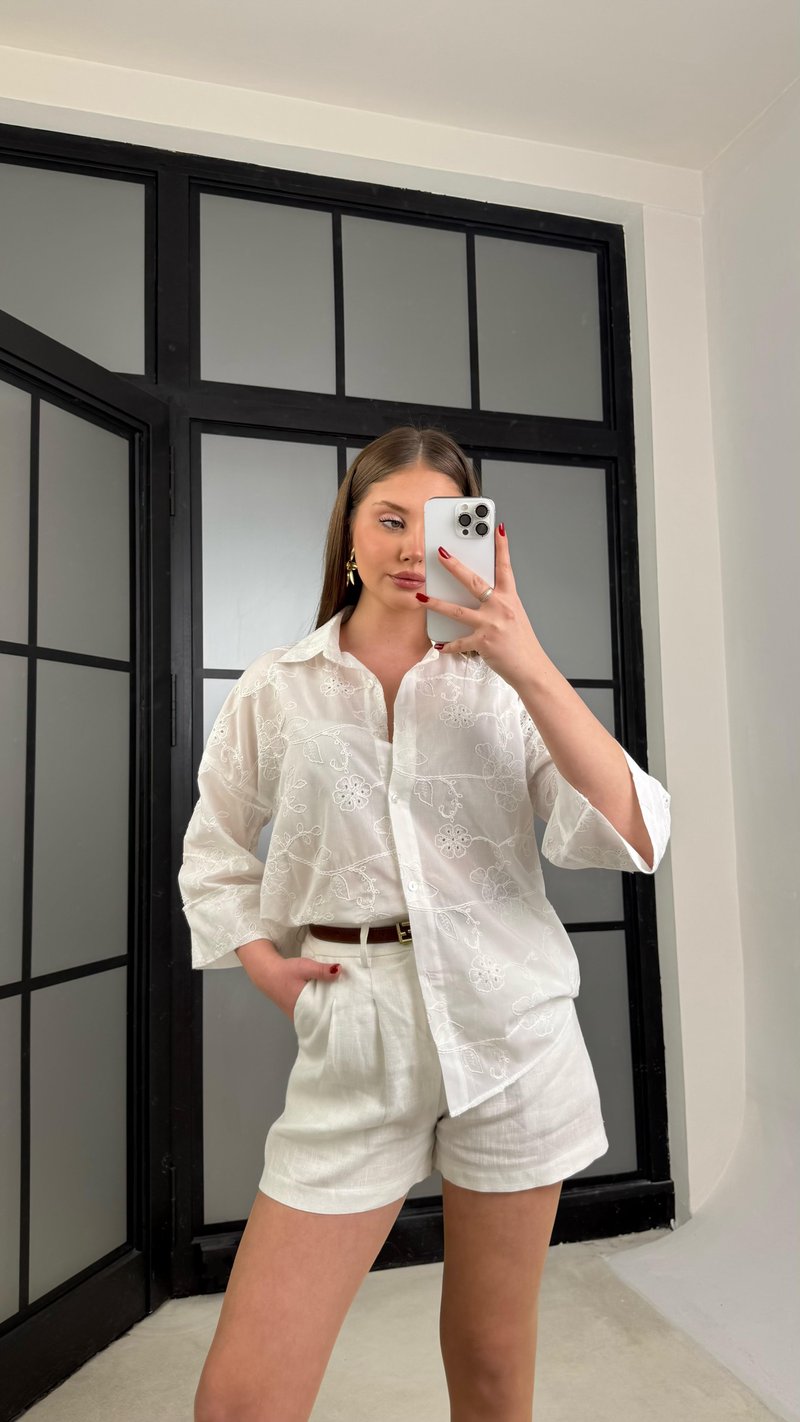 Ekru Çiçek Nakışlı Pinterest Gömlek GAUS-01268