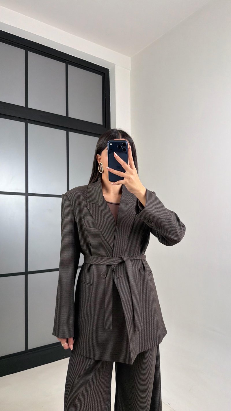 Kahve Vatkalı Astarlı Kuşaklı Premium Desenli Ceket GAUS-00910