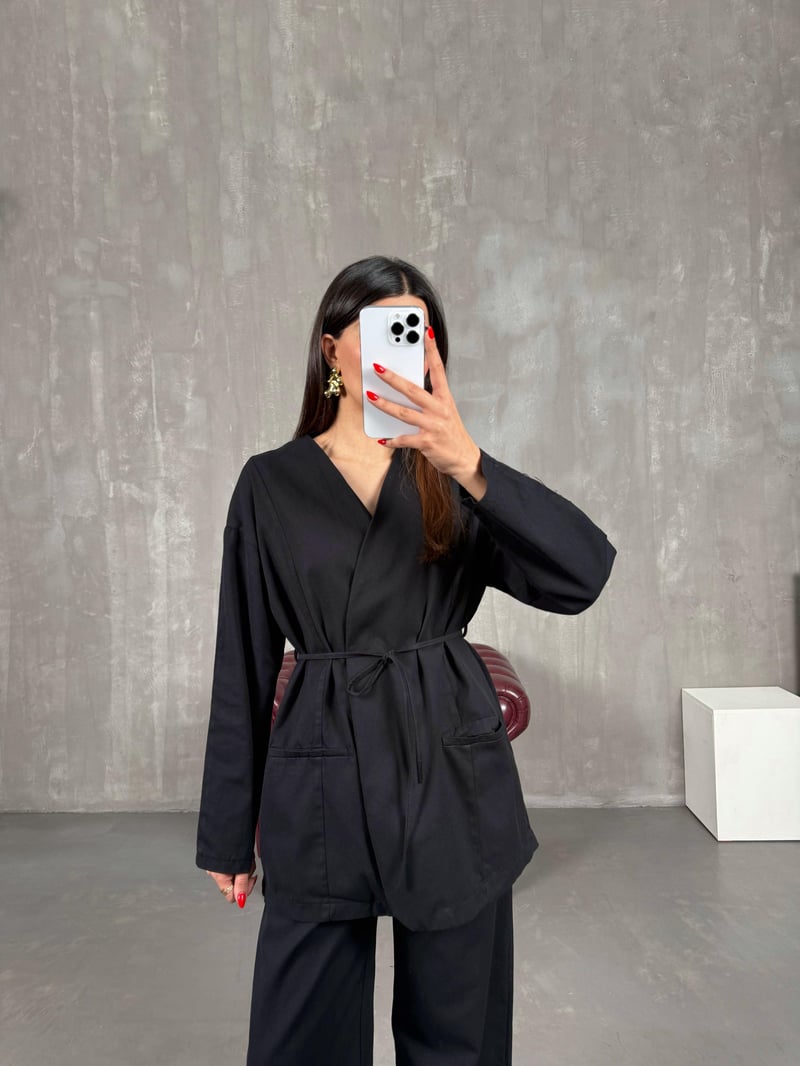 Black Belted Gabardine Set Gaus00157