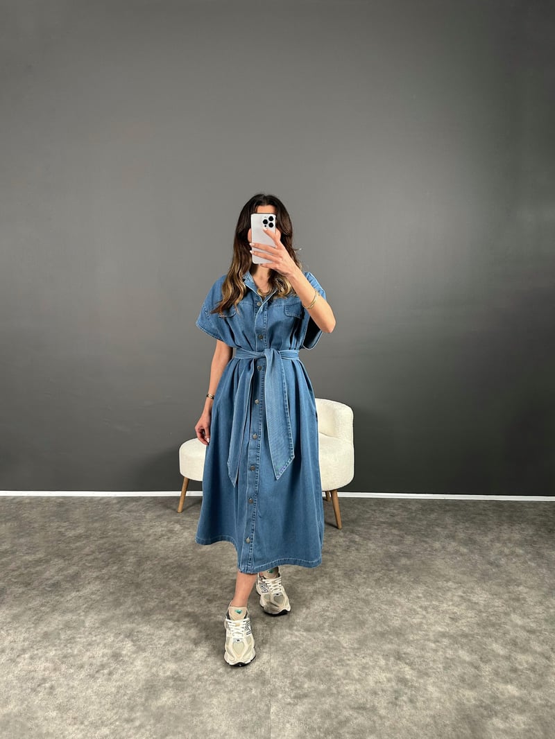 Vogi Mavi Premium Kalite Oversize Uzun Kemerli Kot Elbise