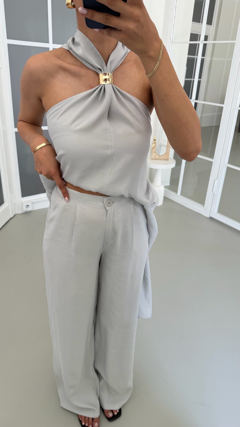 Gri Tulum Görünümlü Bluz Pantolon İkili Premium Takım GAUS-01738