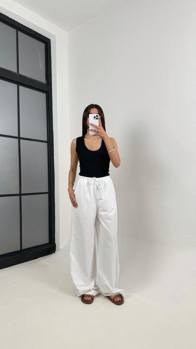 Beyaz Beli Lastikli Yarım Astarlı  Salaş Pantolon Gaus00363