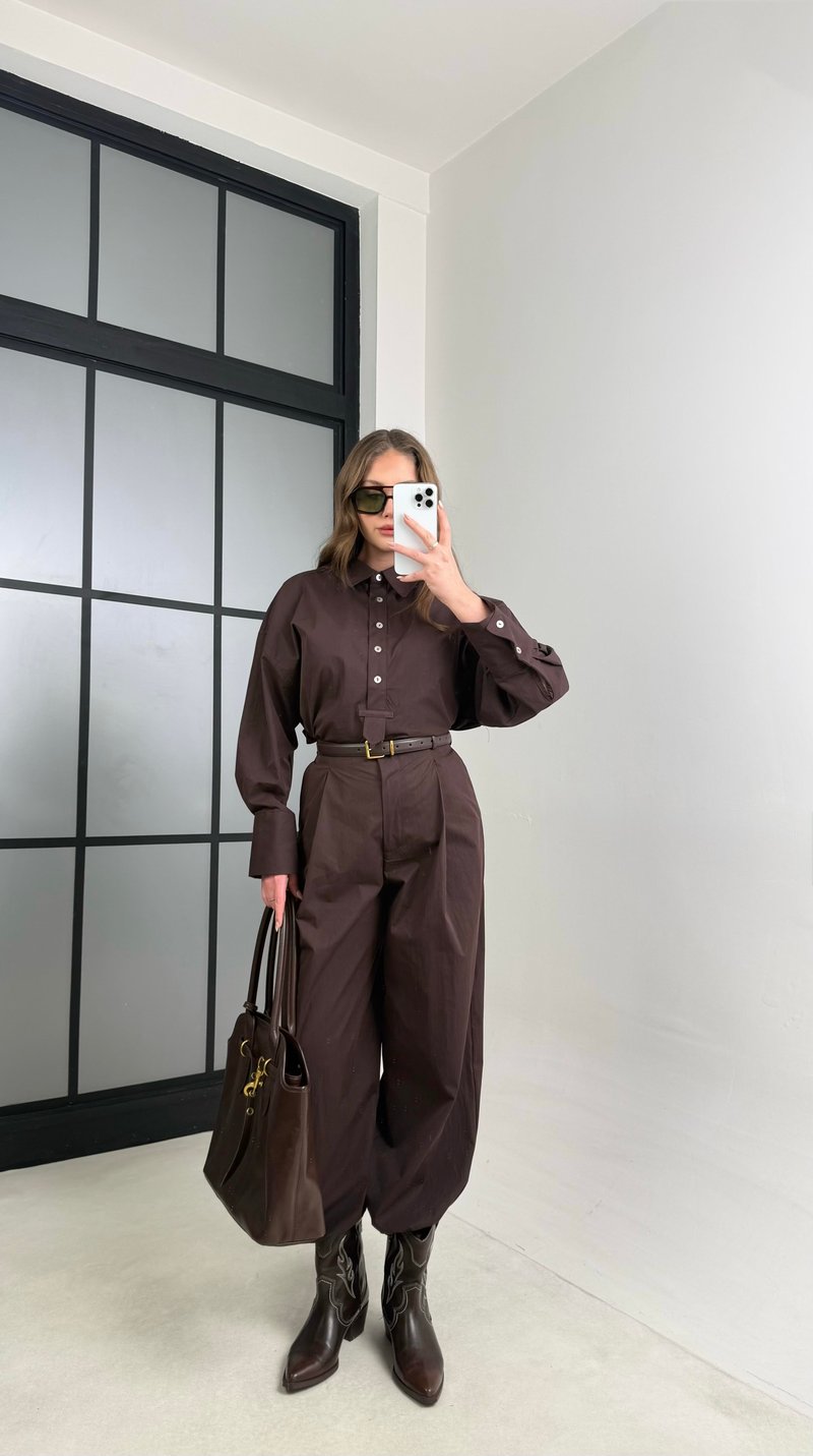 Acı Kahve Gömlek Paça Lastikli Pantolon İkili Takım GAUS-01114