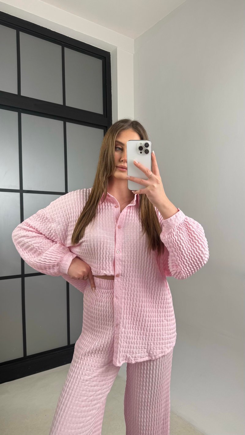 Pembe Gömlek Beli Lastikli Pantolon İkili Bürümcük Takım GAUS-01089