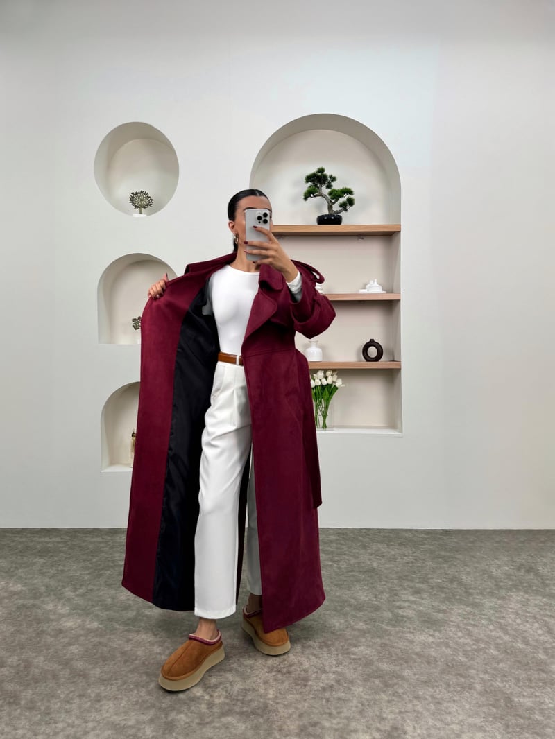 Aura Bordo Kuşaklı Premium Süet Kaban