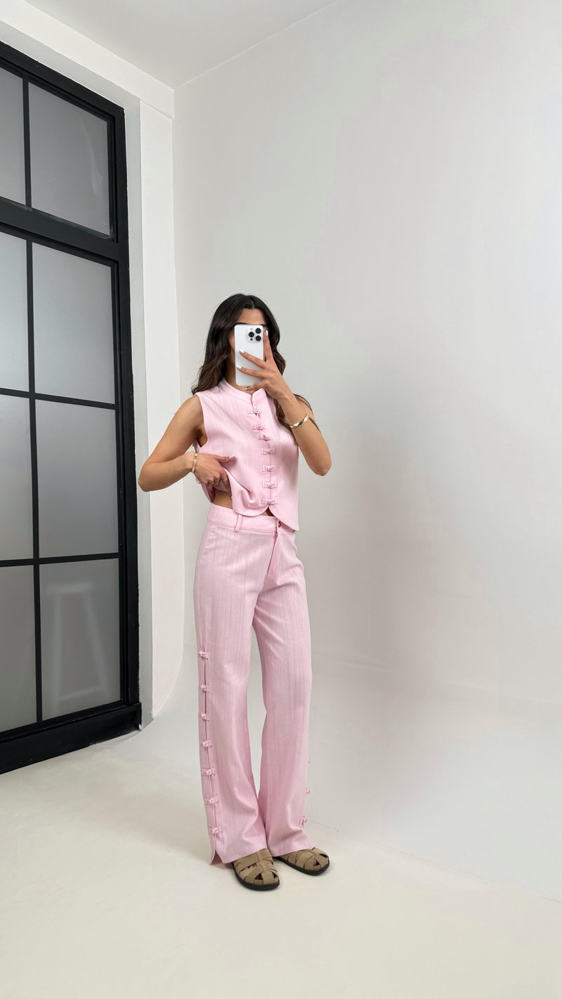 Pembe Düğmeli Tasarım Yelek Pantolon Keten Takım Gaus00339