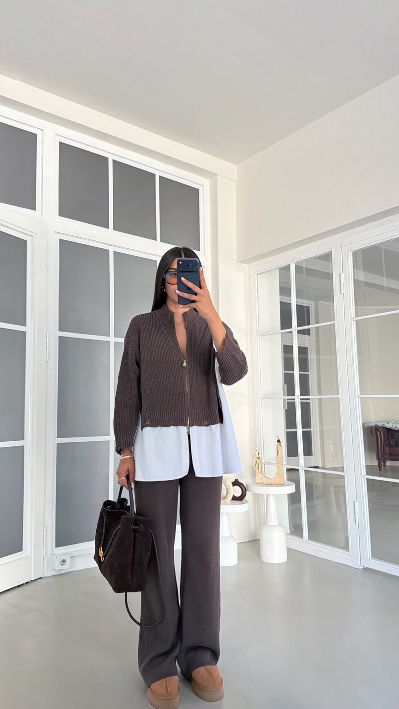 Kahve Gömlek Detaylı Örme Hırka Beli Lastikli Cepli Pantolon İkili Triko Takım GAUS-02132