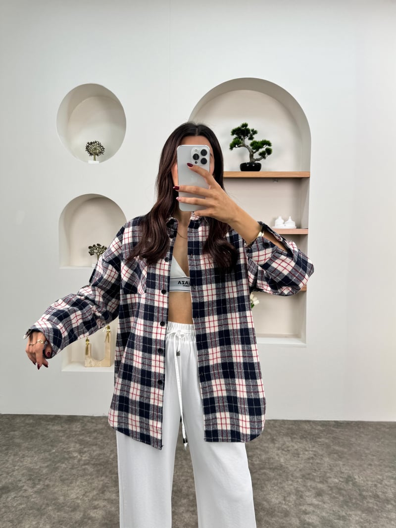 Raga Lacivert Kareli Kaşe Oduncu Oversize Gömlek