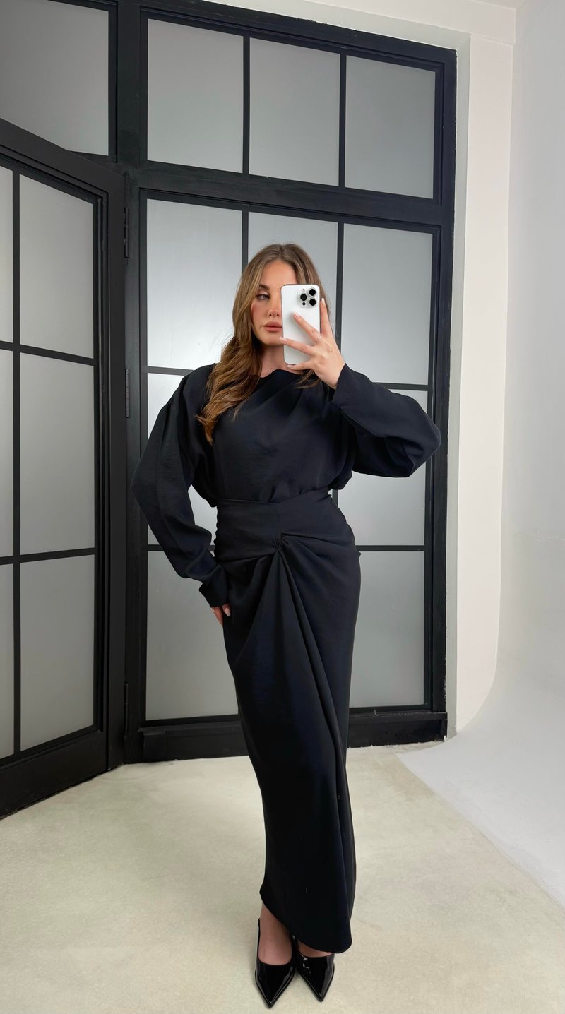 Siyah Drape Detaylı Etek Bluz Tencel Takım GAUS-01176