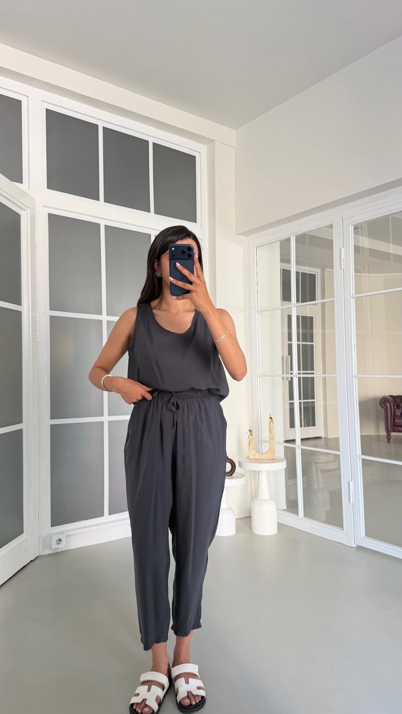 Antrasit Bluz Beli Lastikli Pantolon İkili Tencel Takım GAUS-01769