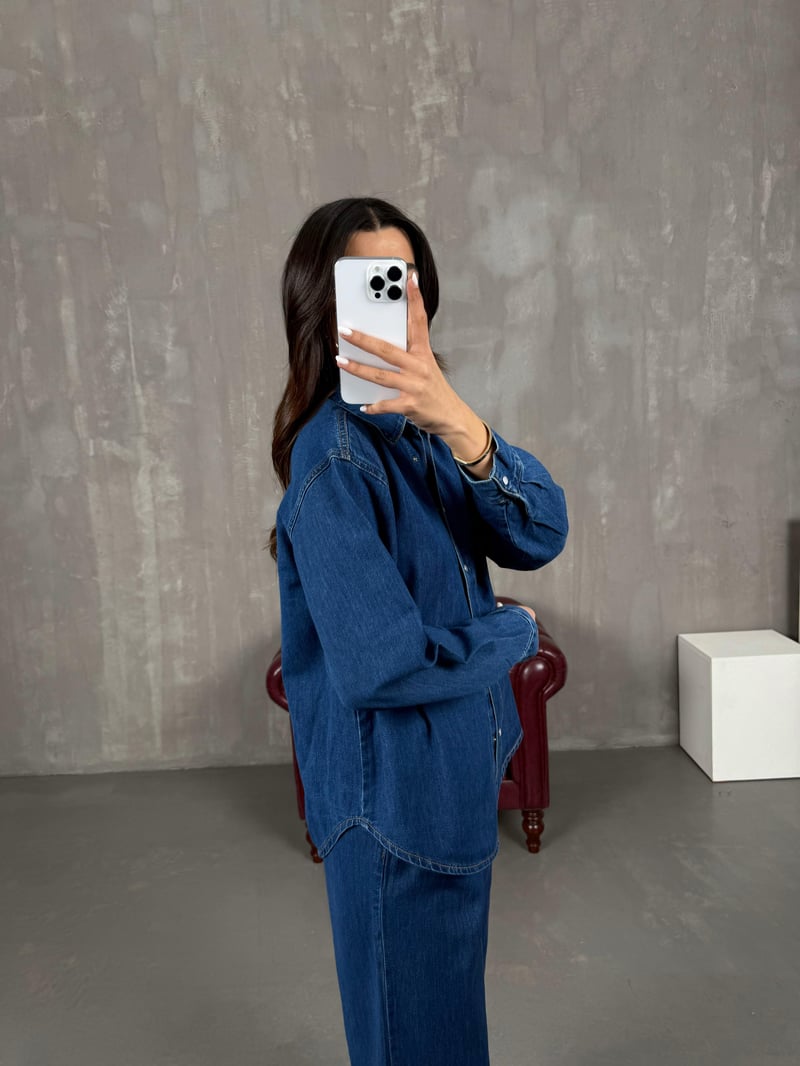 Orta Mavi Çıtçıt Düğmeli Gömlek Pantolon Denim Takım Gaus0002