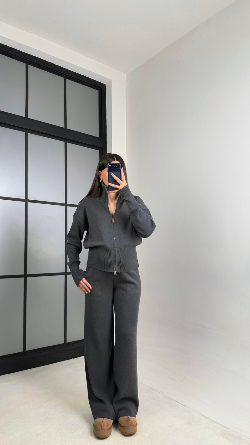 Antrasit Çift Fermuarlı Hırka Beli Lastikli Pantolon Triko Takım GAUS-01090