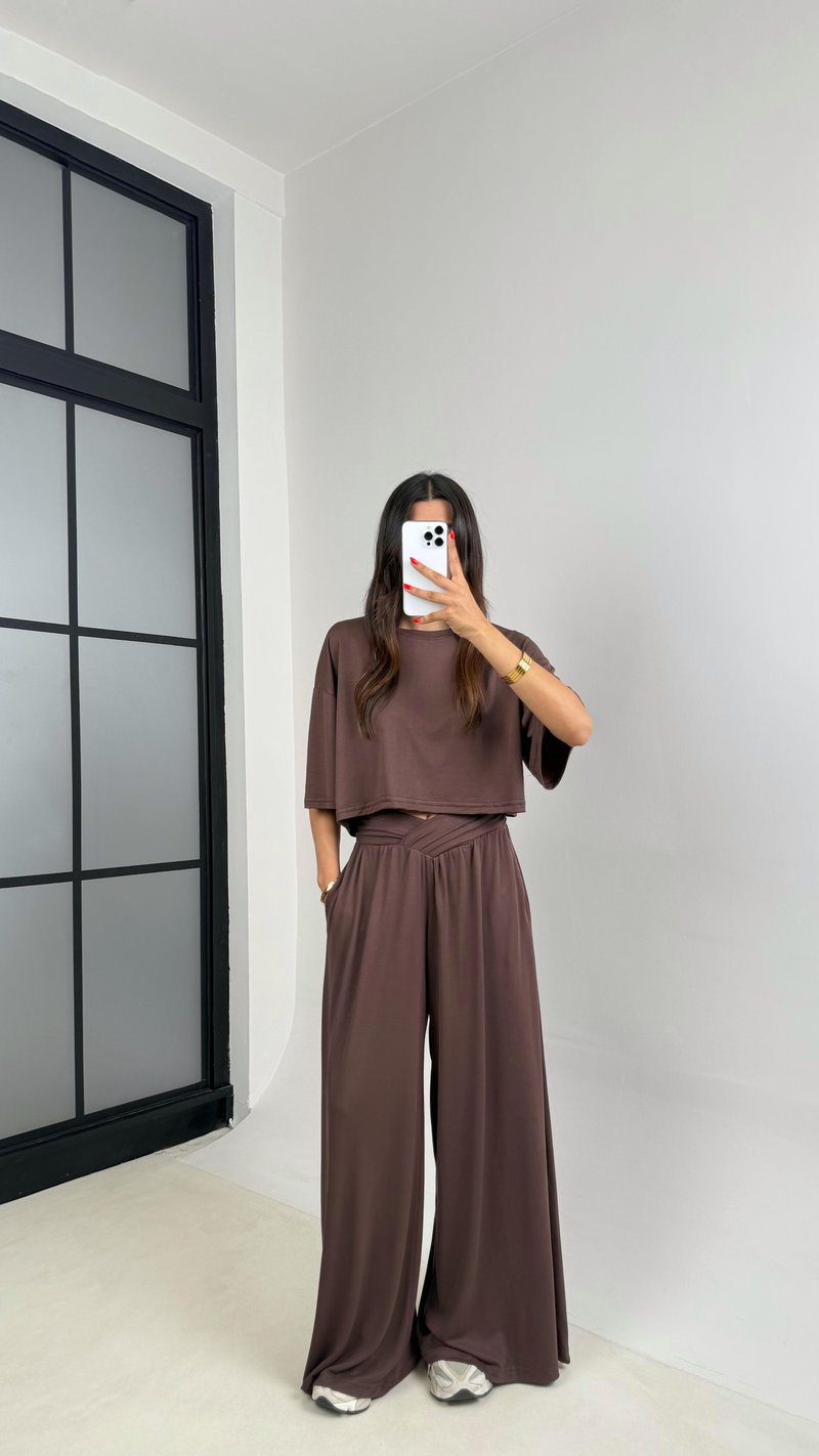 Kahve Bluz Beli Lastikli Pantolon OYS Muadil Modal Takım GAUS-0011
