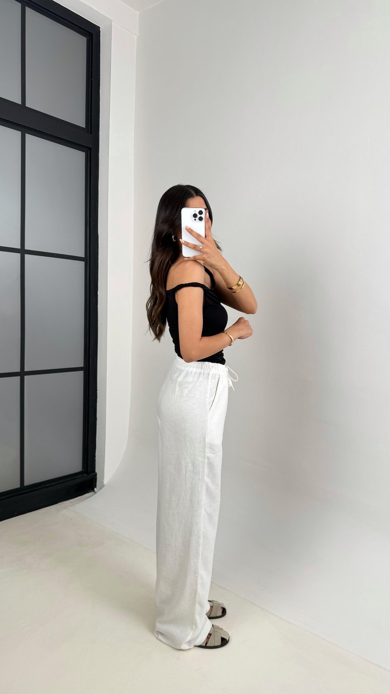 Beyaz Beli Lastikli Muadil Keten Pantolon Gaus00623