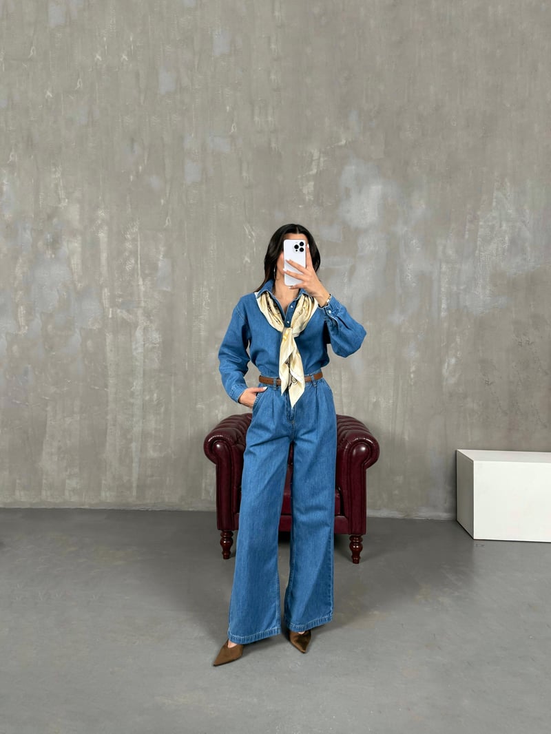 Açık Mavi Çıtçıt Düğmeli Gömlek Pantolon Denim Takım Gaus0002