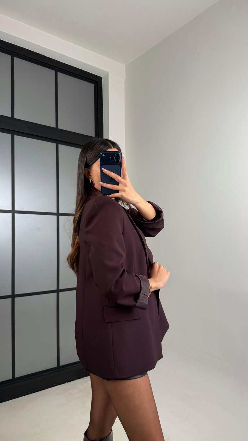 Mürdüm Astarlı Vatkalı Cep Detaylı Blazer Ceket GAUS-00850