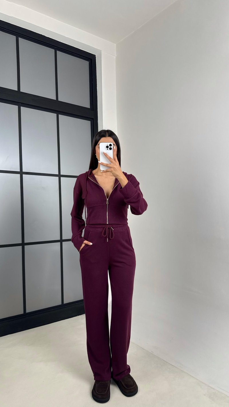Mürdüm Hırka Beli Lastikli Pantolon İkili Selanik Kumaş Takım GAUS-00523