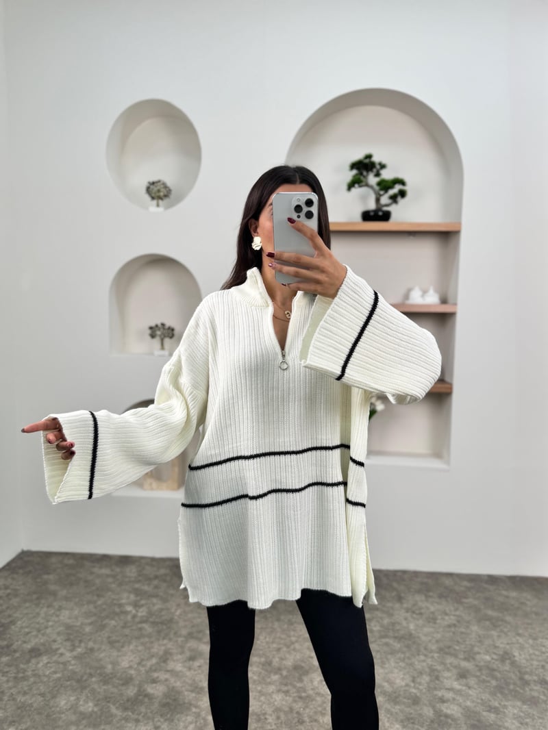 Leno Ekru Fermuarlı Oversize Triko Kazak