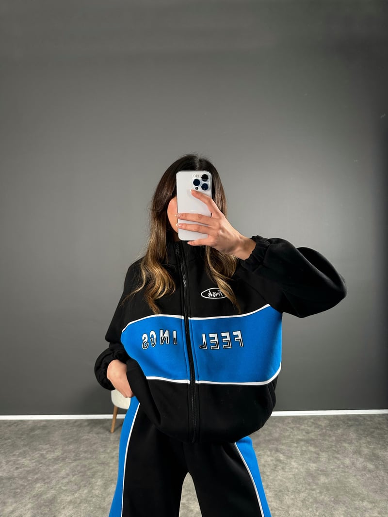 Carter Mavi Blok Renkli Fermuarlı Sweatshirt İkili Takım 
