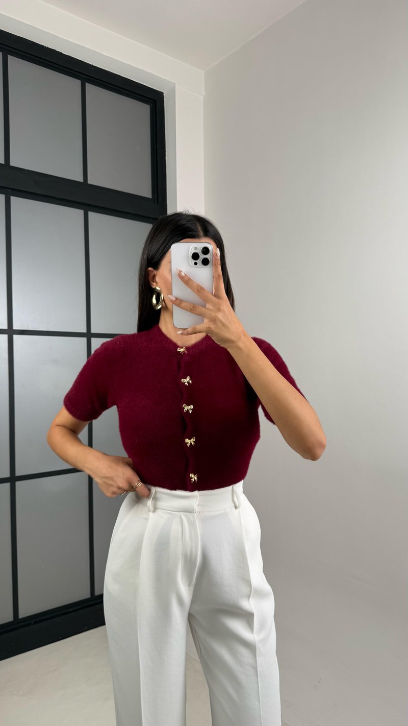 Bordo Fiyonk Düğmeli Yumuşak Dokulu Triko Hırka GAUS-00145
