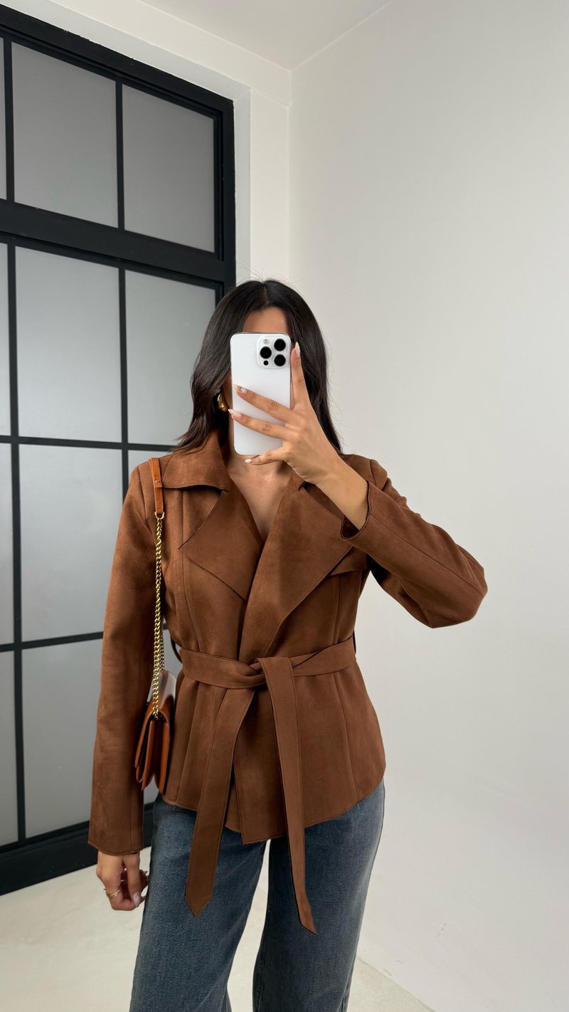 Kahve Vatkalı Kuşaklı Süet Ceket GAUS-00130