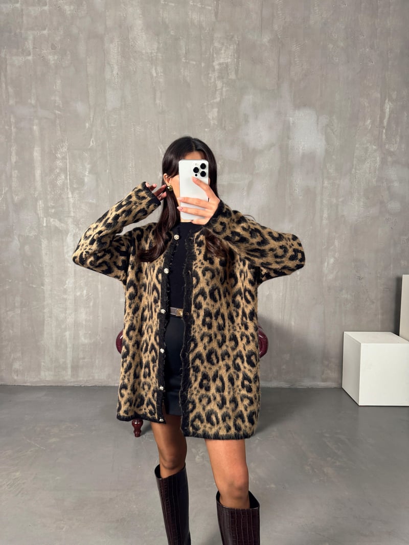 Wud Kahve Leopar Desenli Hırka