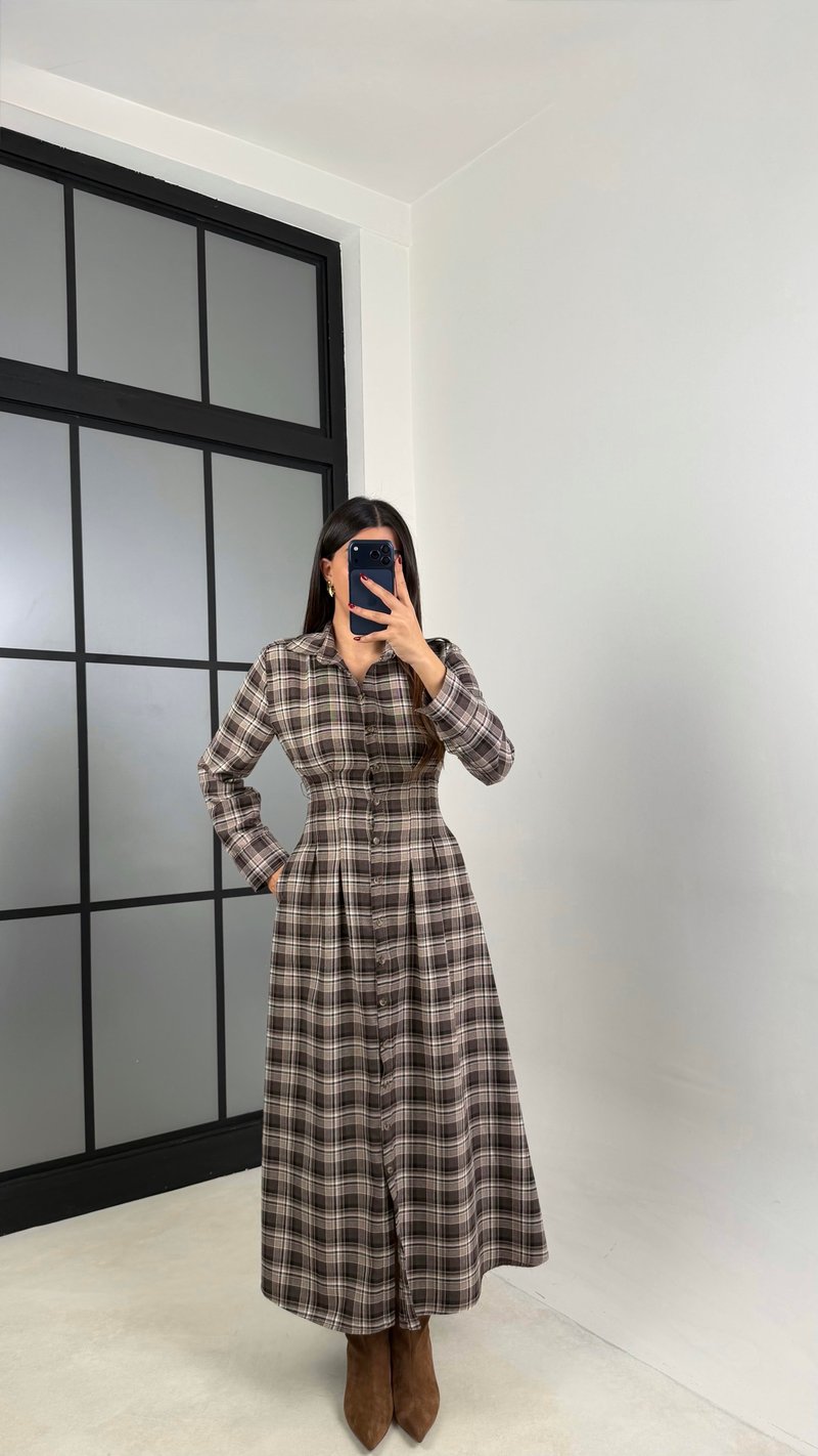 Kahve Belden Oturtmalı Ekose Elbise GAUS-00762