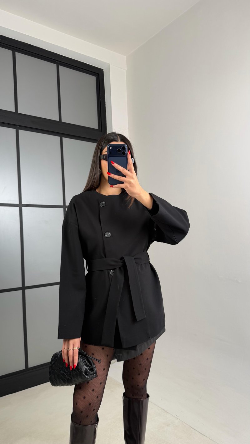 Siyah Astarlı Kemerli Muadil Ceket GAUS-00990