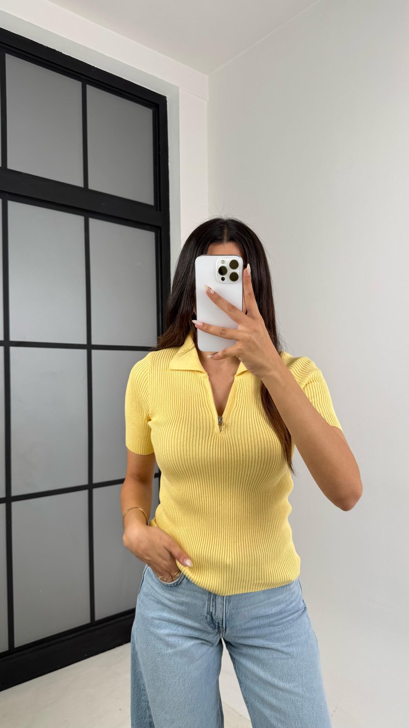 Sarı Polo Yaka Fermuar Deataylı Triko Bluz GAUS-00123