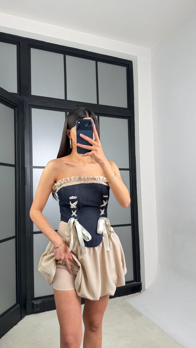 Lacivert Denim Korse Şortlu Balon Etek Takım GAUS-01433